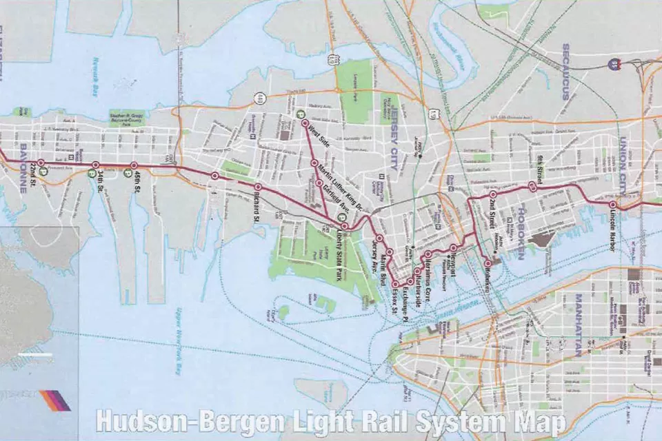 A map of the Hudson-Bergen Light Rail system.